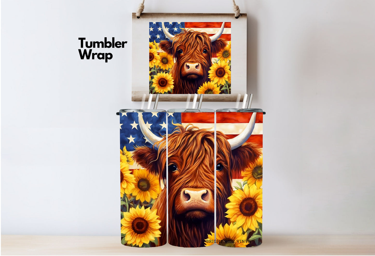 3D Highland Cow USA Tumbler Wrap