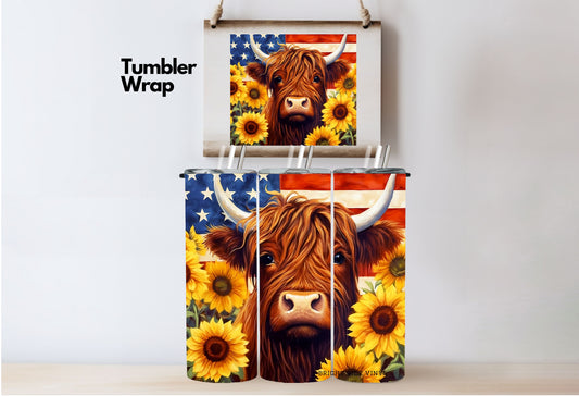 3D Highland Cow USA Tumbler Wrap
