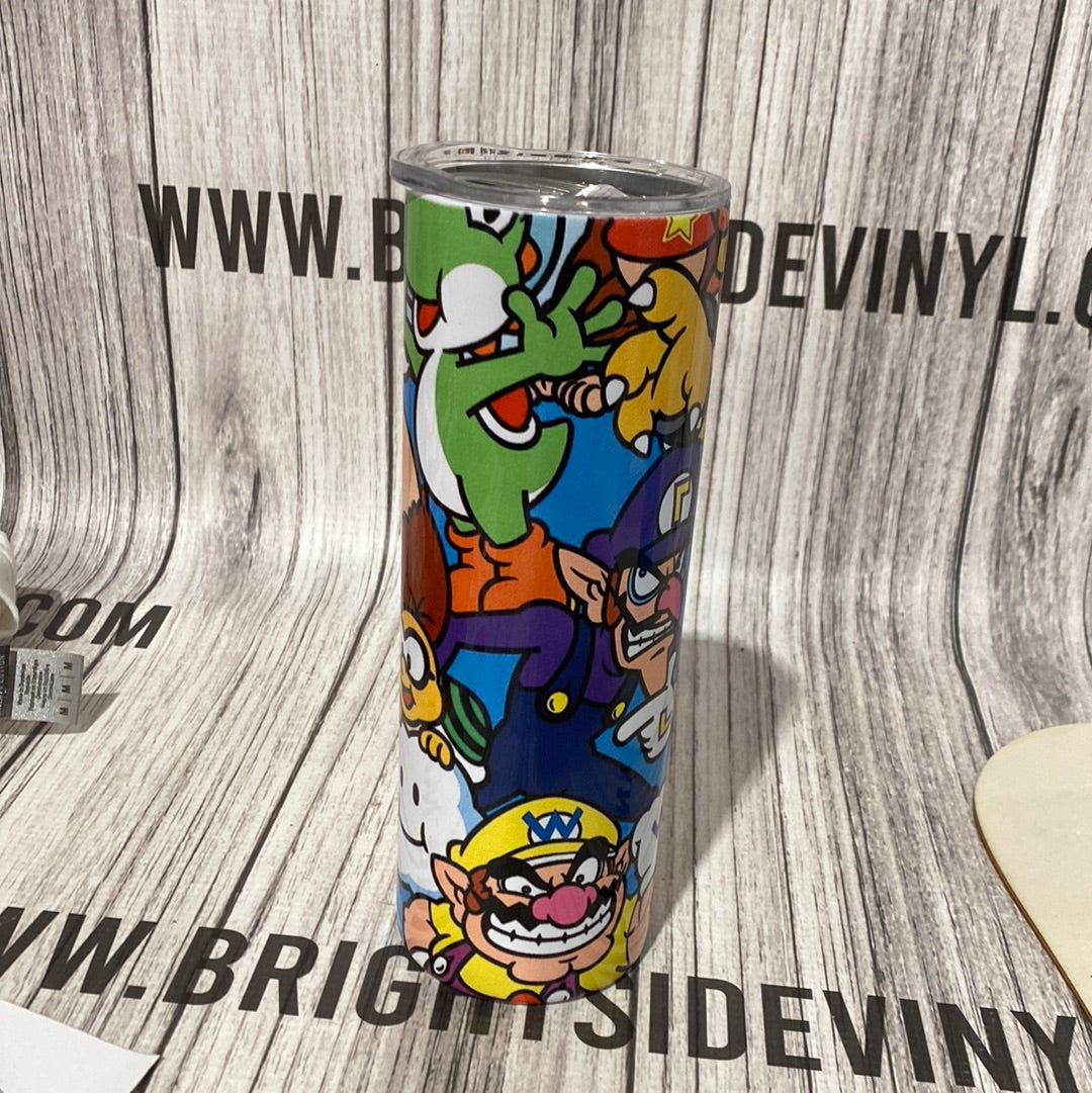 SUPER MARIO BROS 20Z STAINLESS STEEL HANDMADE TUMBLER W/ LID & STRAWS